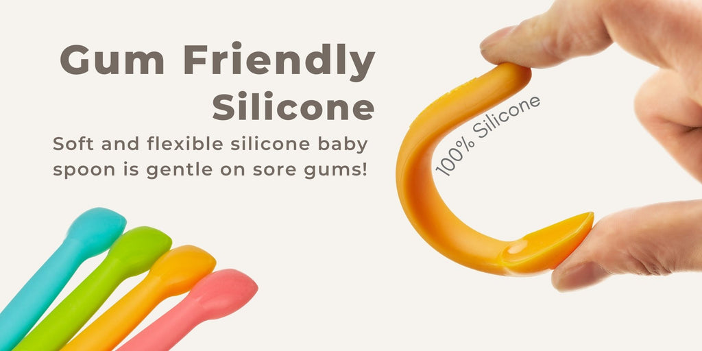 Gum Friendly Silicone - soft and flexible silicone baby spoon is gentle on sore gums!