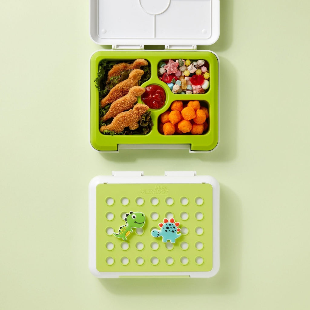 Flexnlock Kids Platinum Silicone Food Tray Lunch Box Set With Accessories -  Leak Proof, Clean Lid Design, Microwavable, Dishwasher Safe, Freezer Safe,  and BPA-Free/ Dinosaur (Green) 